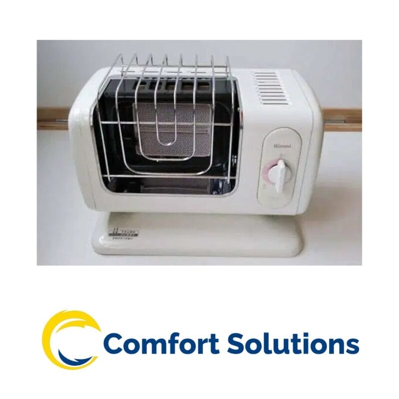 portable ceramic heater with japanese technology 2.06 kw, featuring a white body, silver safety grill, and simple control knob for efficient heating