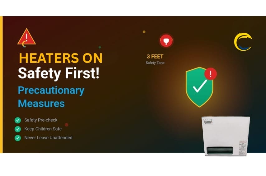 Safety graphic for "Radiators on? Take these precautionary measures" blog. It shows safety tips: pre-check radiator, keep children safe, never leave unattended. "3 feet safety zone" is highlighted next to a white radiator.