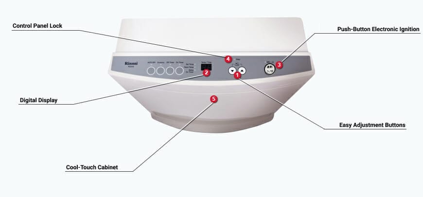Close-up of a Rinnai Japanese heater, highlighting the digital display, control panel lock, easy adjustment buttons, and push-button electronic ignition. The cool-touch cabinet is also visible.