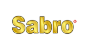 The sabro logo in gold lettering against a black background. A small red starburst is positioned to the upper right of the letter 'o'.