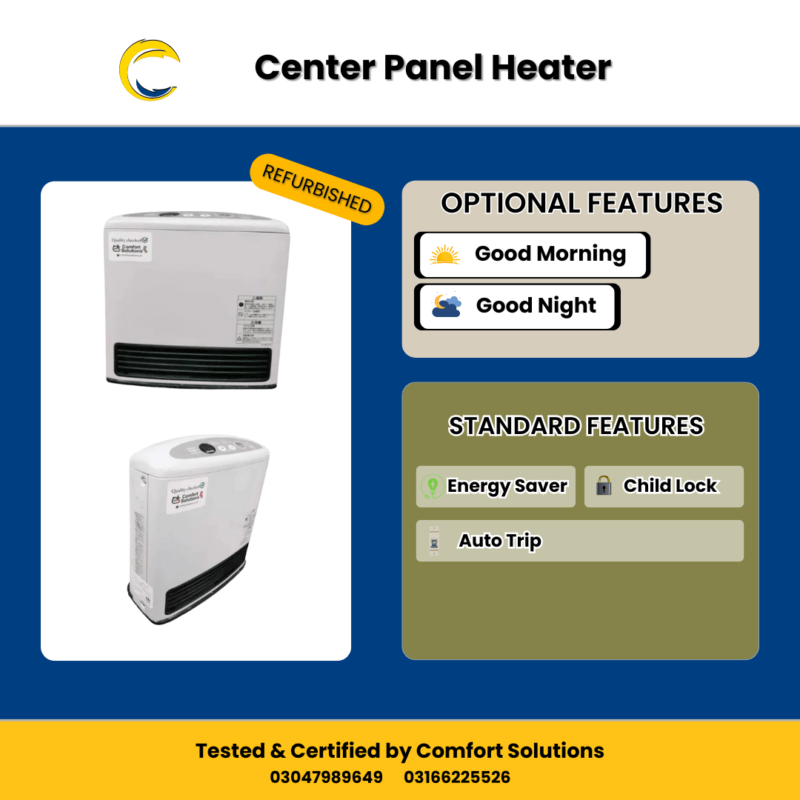 white center panel heater with energy saver, child lock, auto trip, good morning and good night features. tested & certified by comfort solutions