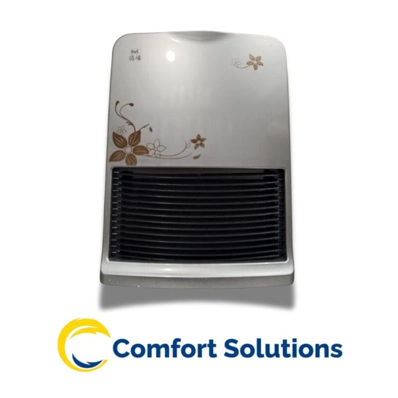 White ptc hwater heater with black vents and subtle floral designs. A comfort solution for your home.