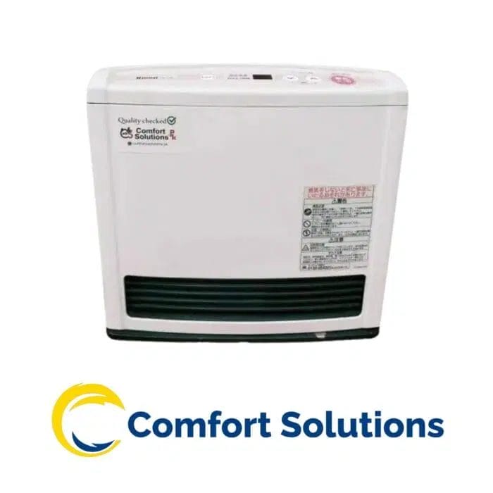 White comfort solutions gas heater with a black grill. A "Quality checked" sticker is visible on the top left. The heater has a digital display and control buttons on top.