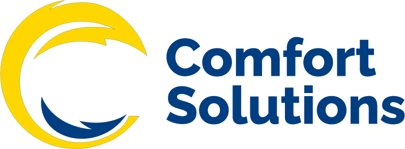 The Comfort Solutions logo features a stylized "C" shape in yellow and dark blue. The company name "Comfort Solutions" is displayed in bold, dark blue letters to the right of the emblem.
